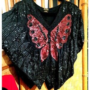 VTG 70s 80s Black RED Silk Sequin Butterfly Top blouse DISCO Twee Festival OSFM